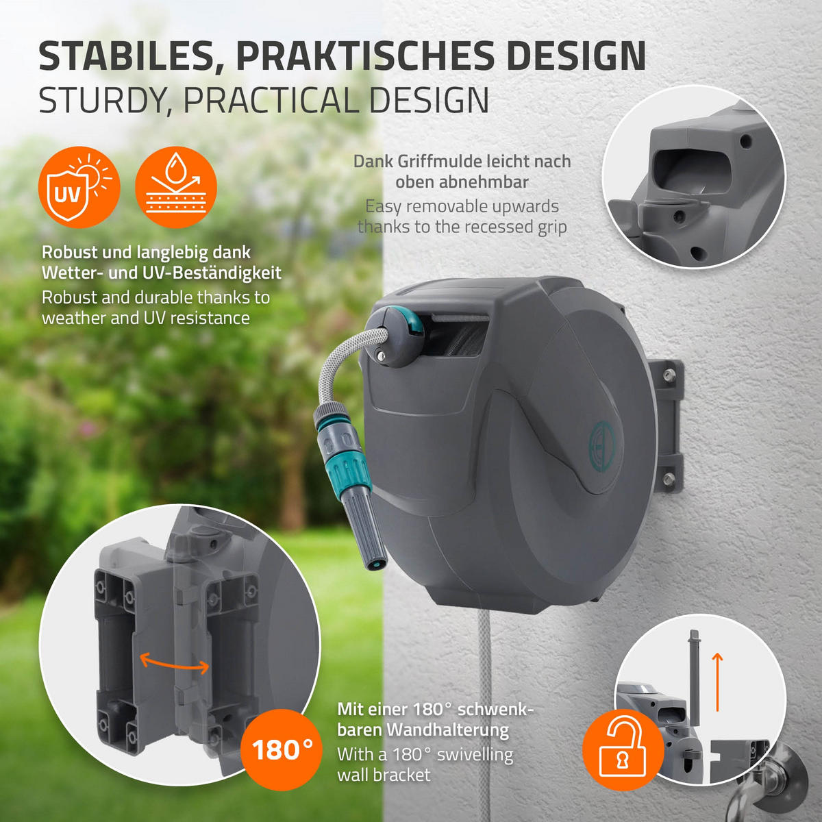 SCHLAUCHAUFROLLER 15m - Grau, Kunststoff (15/33.5/43cm) - ECD-Germany