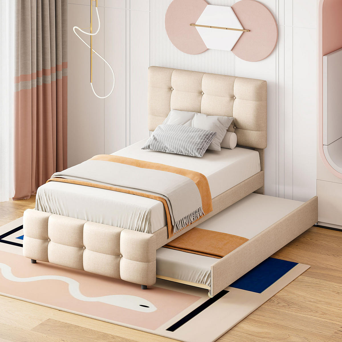 POLSTERBETT 90/200 cm aus Leinen mit ausziehbarem Gästebett Beige - Beige, Textil (90/200cm) - Modenvie