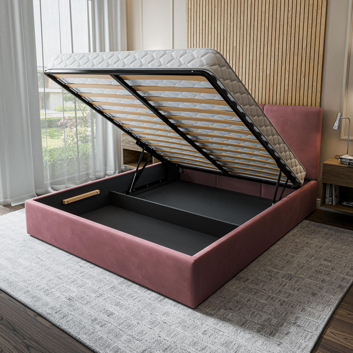 POLSTERBETT AZURI 160x200 cm mit Bettkästen - Rosa - Rosa, Holz (160/200cm) - MASSENO