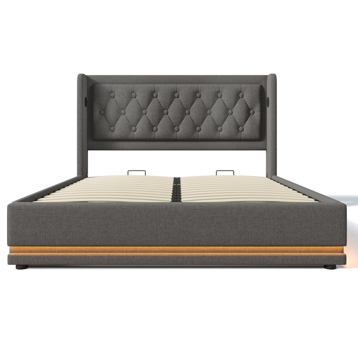 POLSTERBETT aus Baumwolle 180x200 cm in Grau mit LED-Beleuchtung & USB-C - Grau, Textil (180/200cm) - Modfu