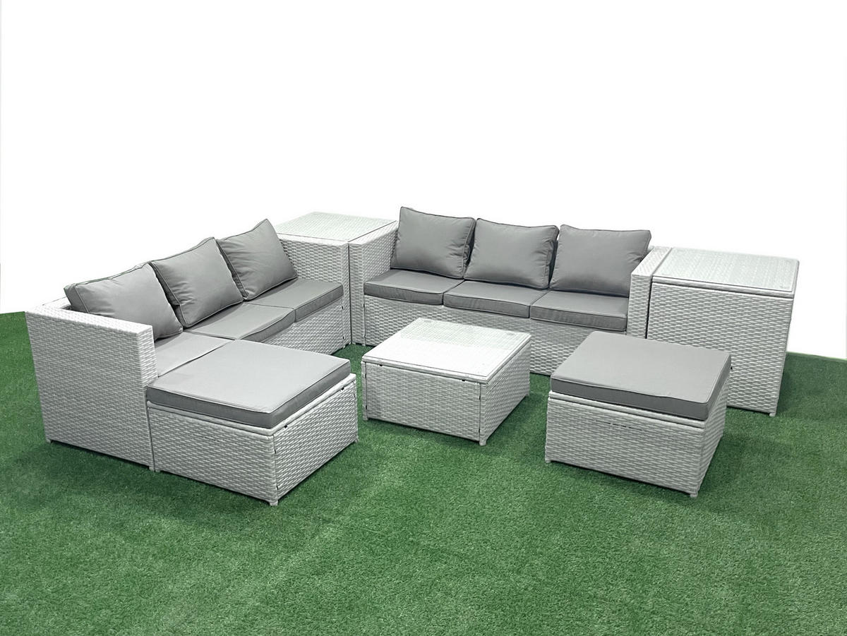 GARTENMÖBEL-SET mit Kissen Polyrattan Hellgrau-Mix 8-Sitzer - Hellgrau/Grau, Glas/Kunststoff - Fimous