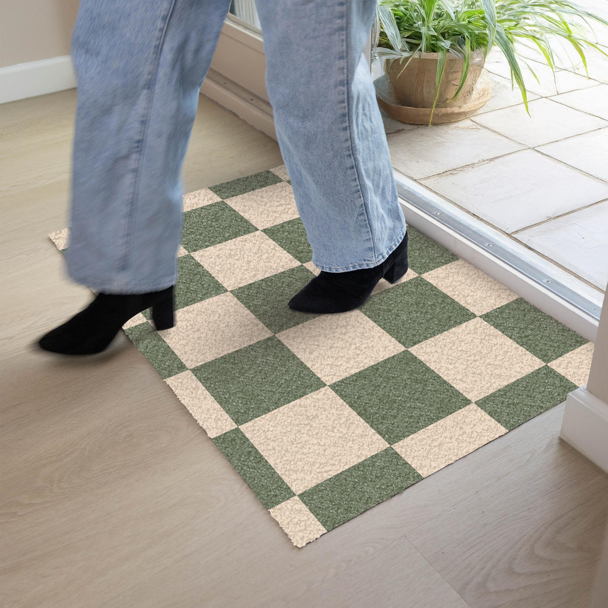FUSSMATTE Schachbrettmuster - Grün - Beige - Blöcke 90x60 cm - Olivgrün, Kunststoff (90/0.4cm) - MuchoWow