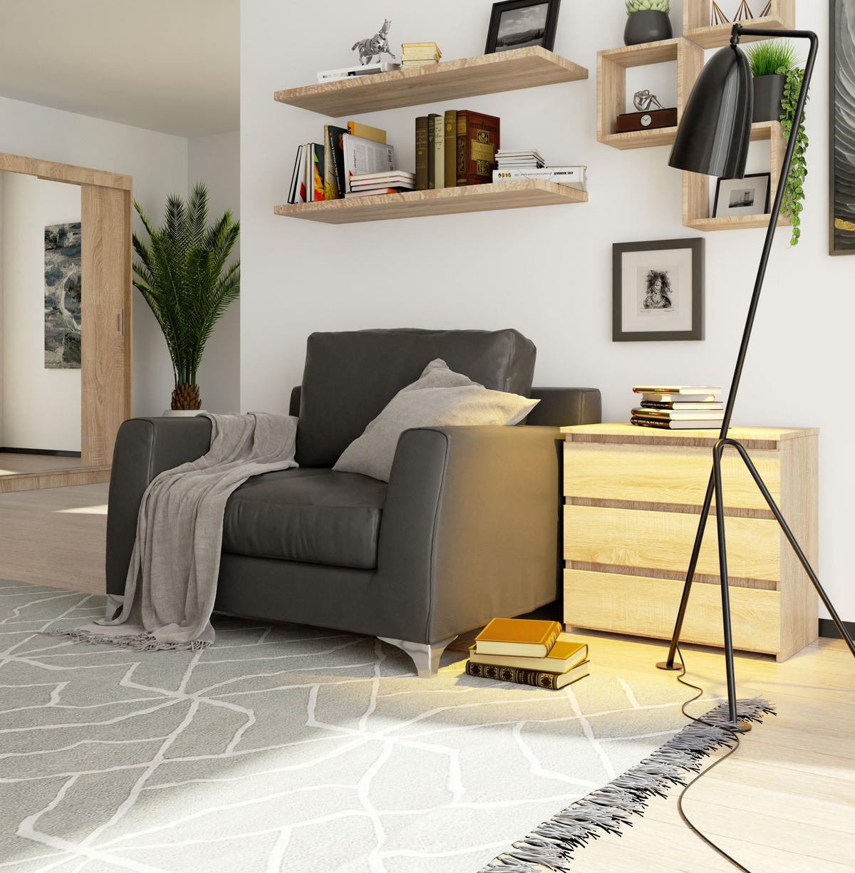 NACHTSCHRANK Sonoma Eiche 60x35x57 cm - Weiß/Sonoma Eiche, Holzwerkstoff (60/57/35cm) - Akord