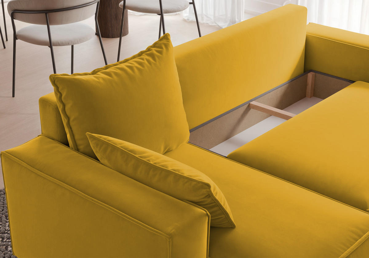ECKSOFA Tobi mit Bettkasten und Schlaffunktion, L-Form, Velourstoff, Universal - Currygelb, Holzwerkstoff (246/145cm) - 4ALL HOME