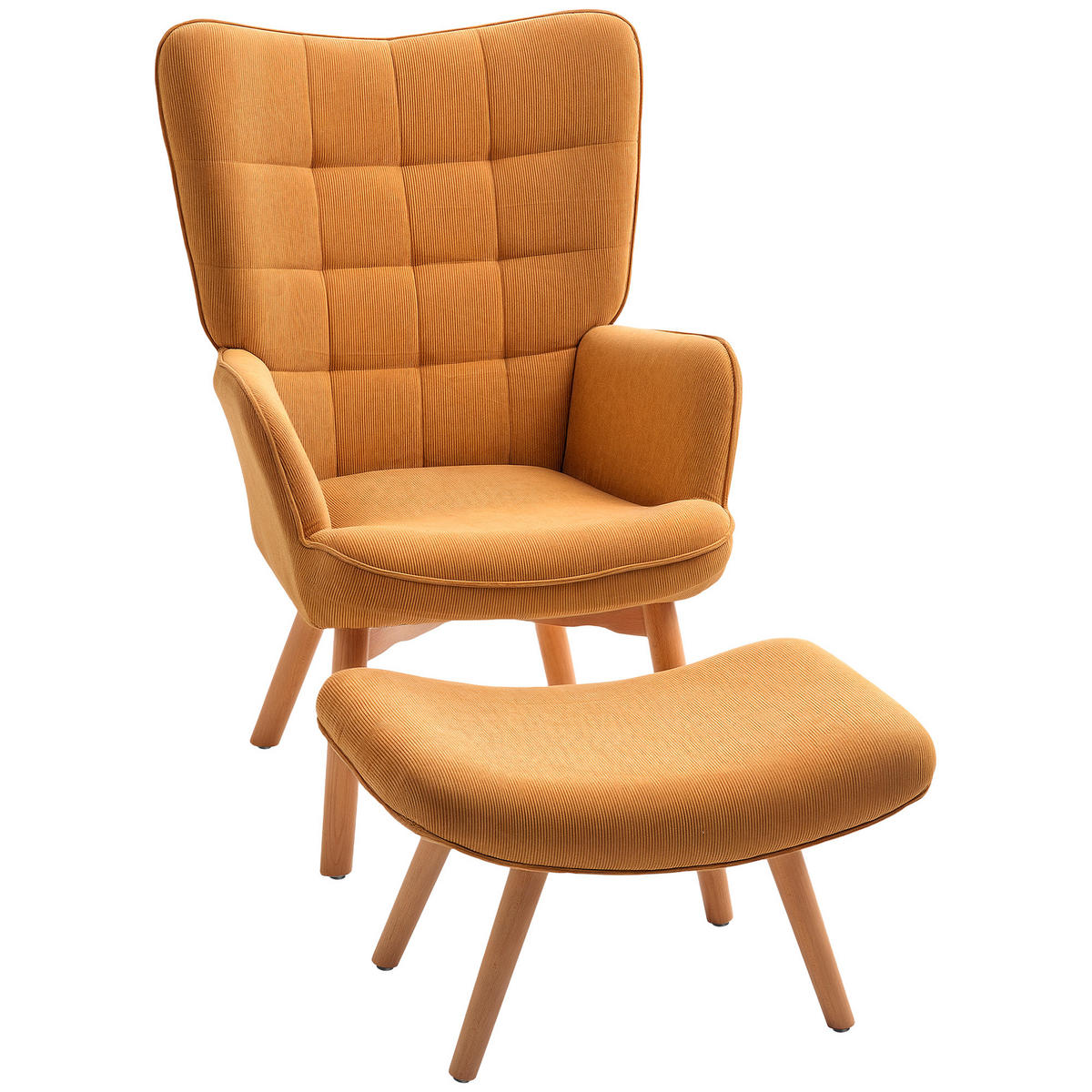 AKZENT Sessel mit Hocker, in Cord-Optik, Armlehnstuhl mit Holzbeinen, für Wohnzimmer, Braun - Currygelb, Holzwerkstoff (80/101/72cm)