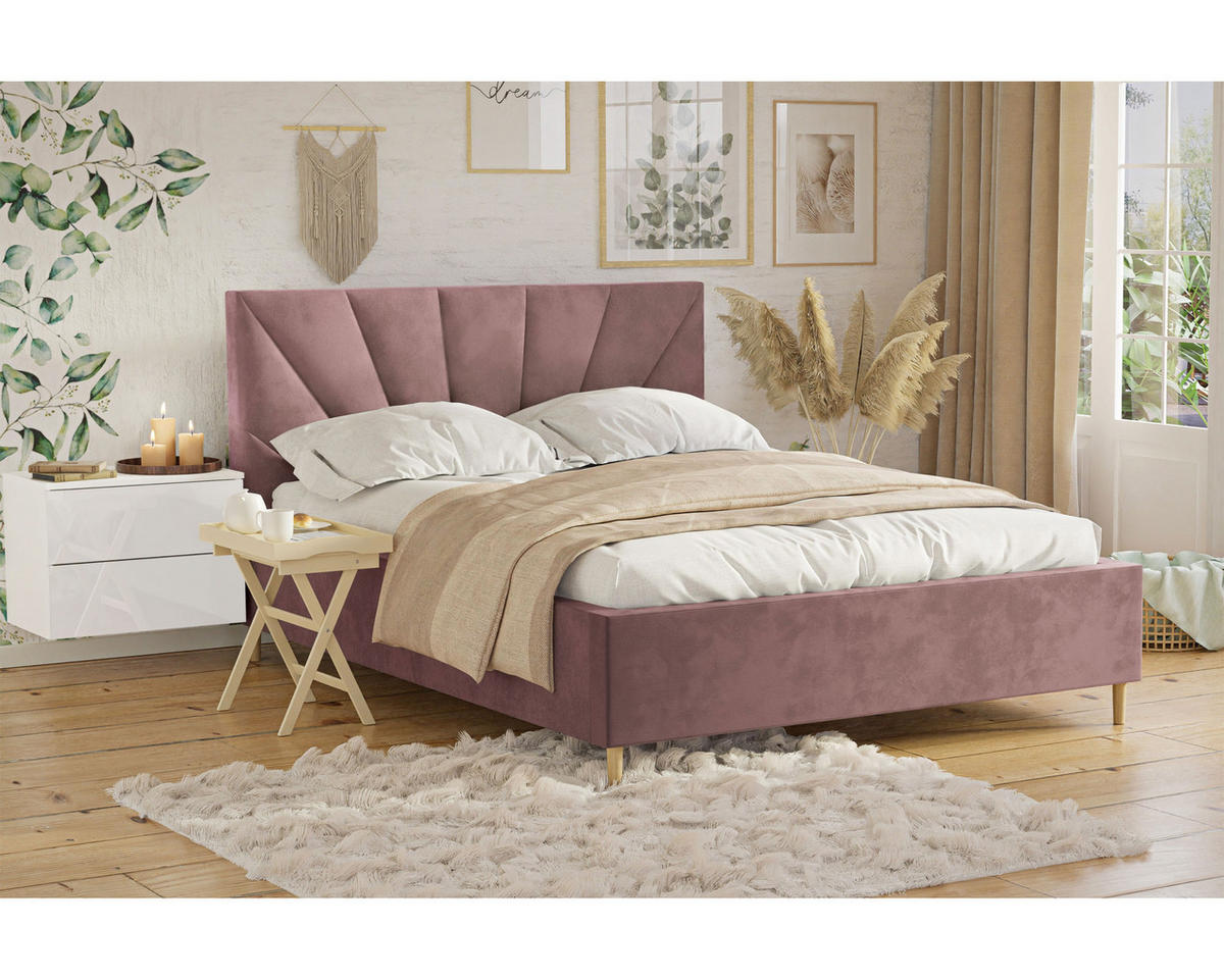 POLSTERBETT AINA 140x200 cm French Velvet 682, 34 Holzlatten, Kopfteil 104 cm - Rosa, Textil (140/200cm) - Lookway