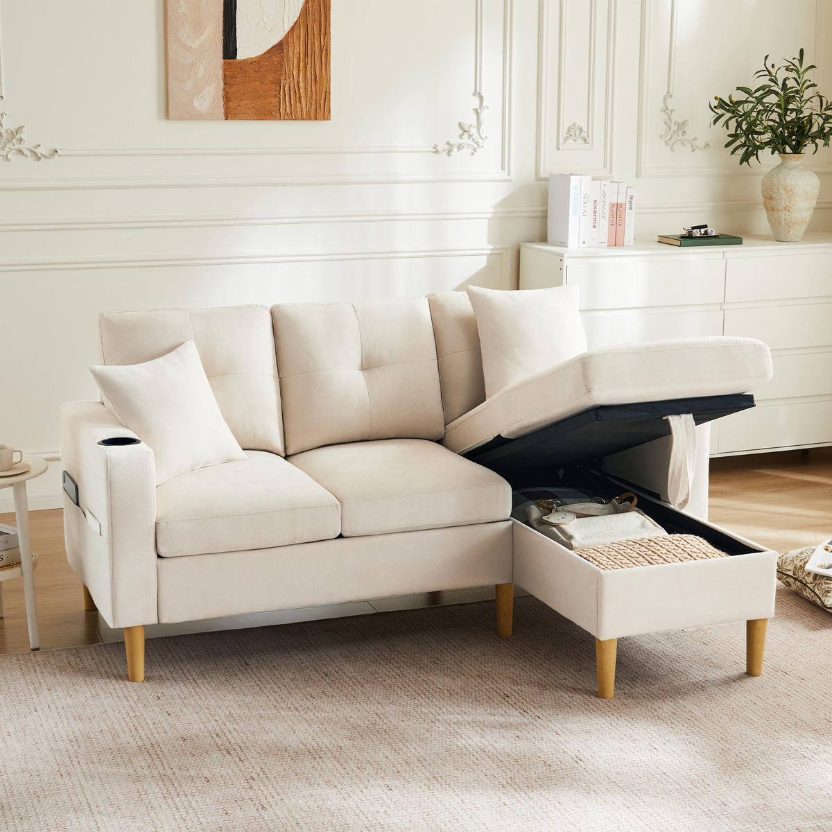 ECKSOFA L-Form Baumwoll-Leinen mit Stauraum und Getränkehaltern 175/129/90 cm Beige - Beige, Textil (175/129cm) - Redom