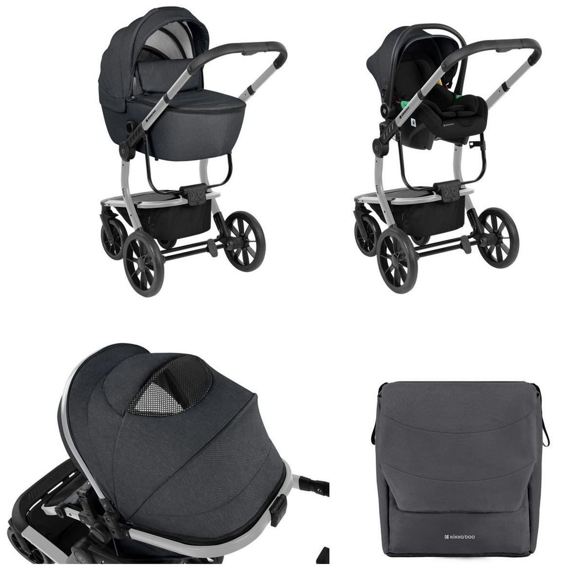 KOMBIKINDERWAGEN Irene 3 in 1 dunkelgrau Babywanne Autositz Adapter Wickeltasche - Grau, Metall (63/63/107cm) - Kikka boo