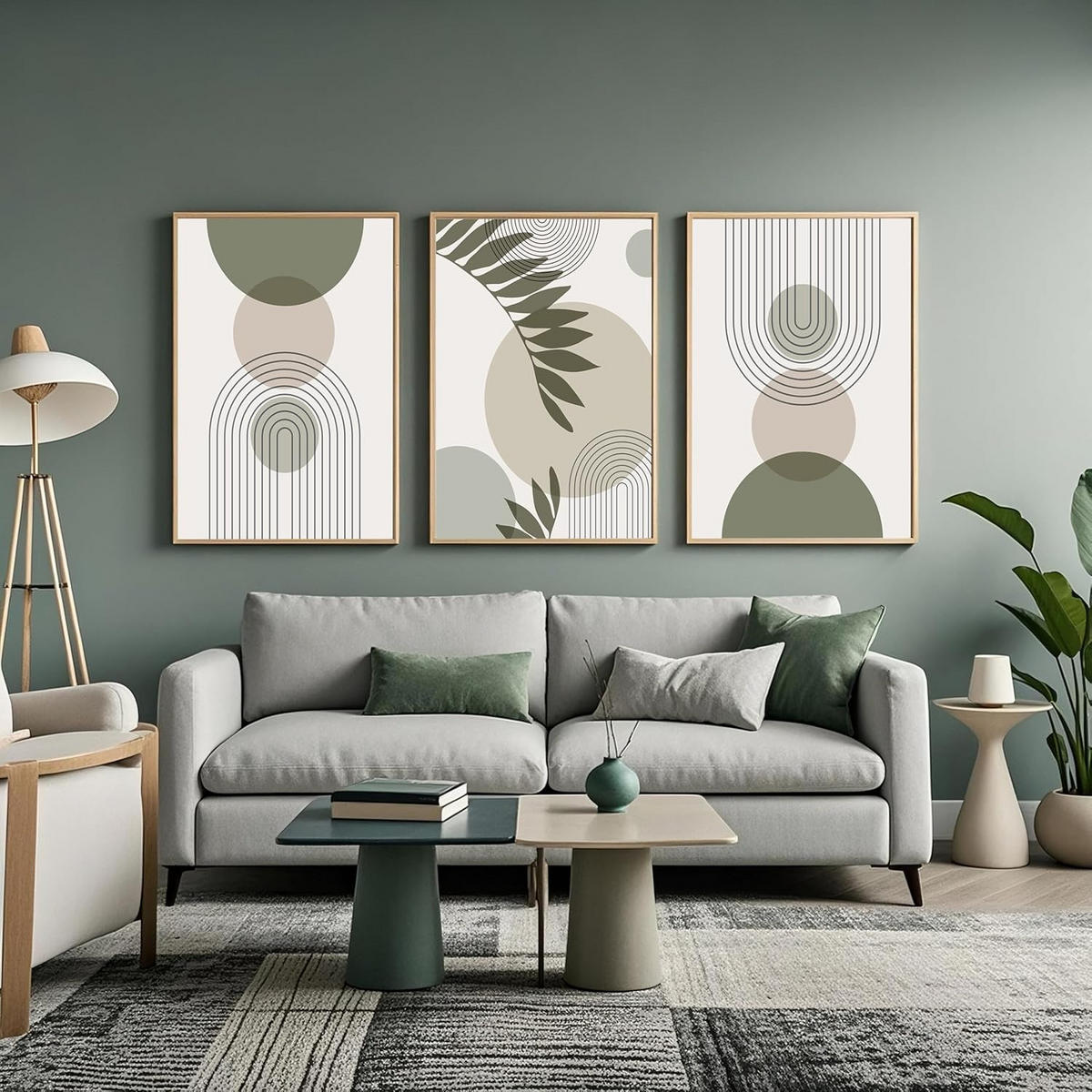 WANDDEKO Boho 60x90cm Grün Pflanzen Abstrakt，rahmenlos，3-teilig Set - Olivgrün, Textil (60/1cm) - Authentics