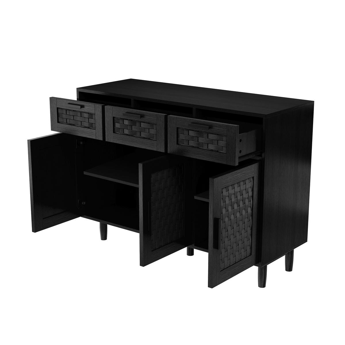 SIDEBOARD 108x40x80 cm Rattan 3 Türen 3 Schubladen schwarz - Schwarz, Holz (107.9/80/40cm) - LEBENLANG