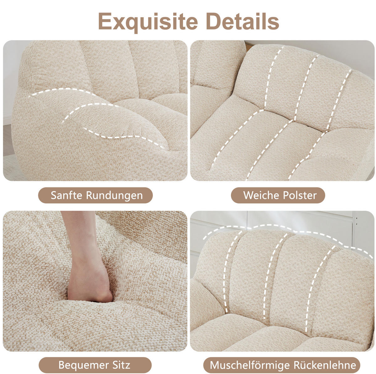 MODULARES Sofa aus granuliertem Fleece in Beige-Weiß 288x165x79 cm mit Ottoman und flexibler Aufstellung - Creme, Textil (165/288cm) - IVMEU