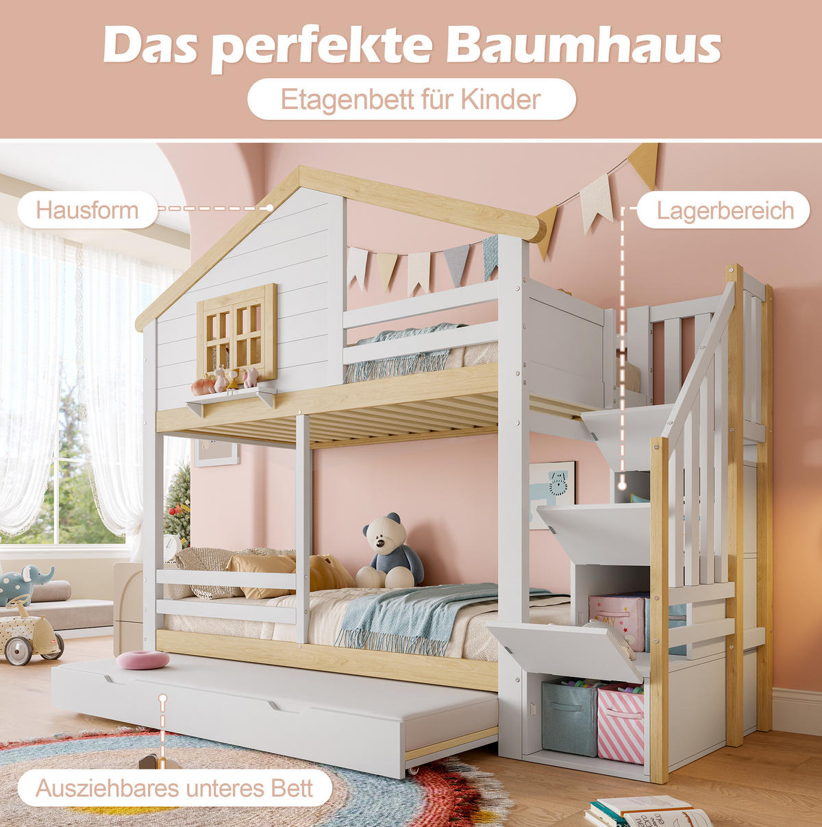 ETAGENBETT aus Kiefernholz 90x200 cm Weiß/Natur mit Ausziehbett, Stauraumtreppe und Sicherheitsgeländer - Weiß, Holz (90/200cm) - Modfu