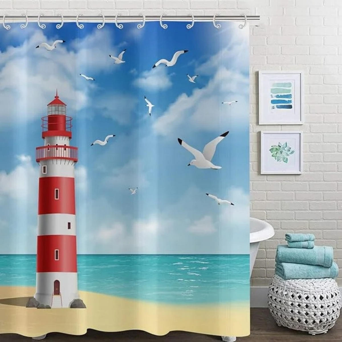 DUSCHVORHANG Blau Weiß Leuchtturm Landschaft Badewanne Badezimmer mit Haken - Blau, Textil (180/180cm) - MCBOSON