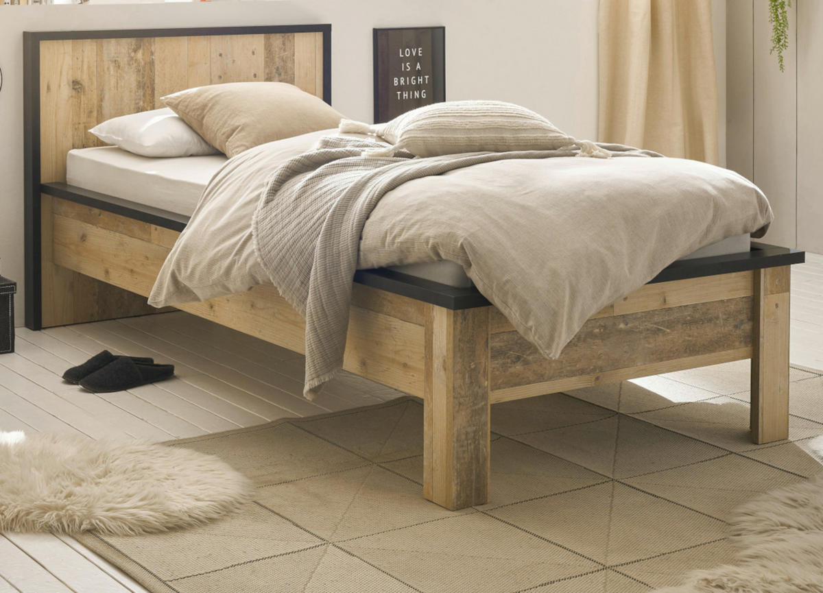 BETT Used Wood hell, dunkles Grau, Einzelbett Liegefläche 90 x 200 cm - Dunkelgrau/Naturfarben, Holzwerkstoff/Metall (90/200cm) - Furn.Design