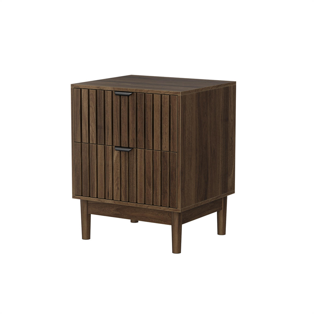 NACHTTISCH mit 2 Schublade - Nachtkommode im Mid-Century Design - Holzbeine und schwarze Griffe - Walnuss - Walnussfarben, Holzwerkstoff (39/56.5/45cm) - DELFA