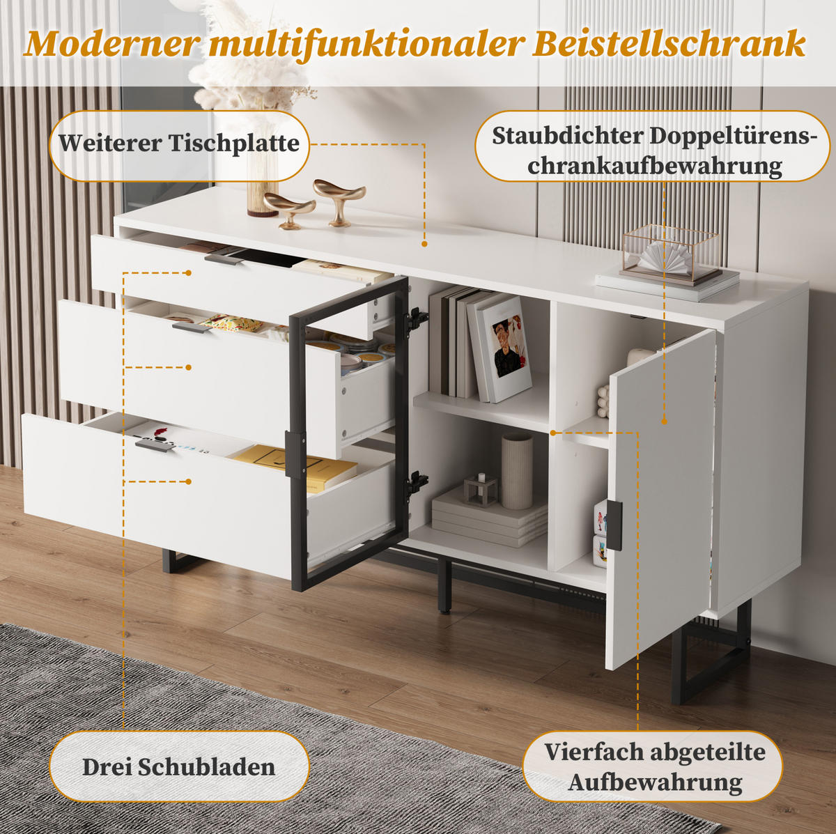 SIDEBOARD 160/36/78 cm Weiß aus MDF mit LED-Beleuchtung - Weiß, Holzwerkstoff (36/78/160cm) - OKMYHOME