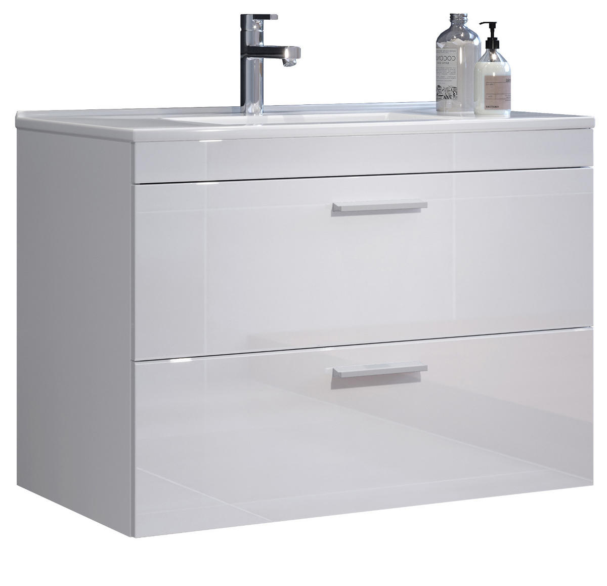 WASCHBECKENUNTERSCHRANK mit Waschbecken weiß Hochglanz, Waschtisch hängend 81 x 59 cm - Weiß Hochglanz/Silberfarben, Holzwerkstoff/Kunststoff (81/59/47cm) - Top.Furn