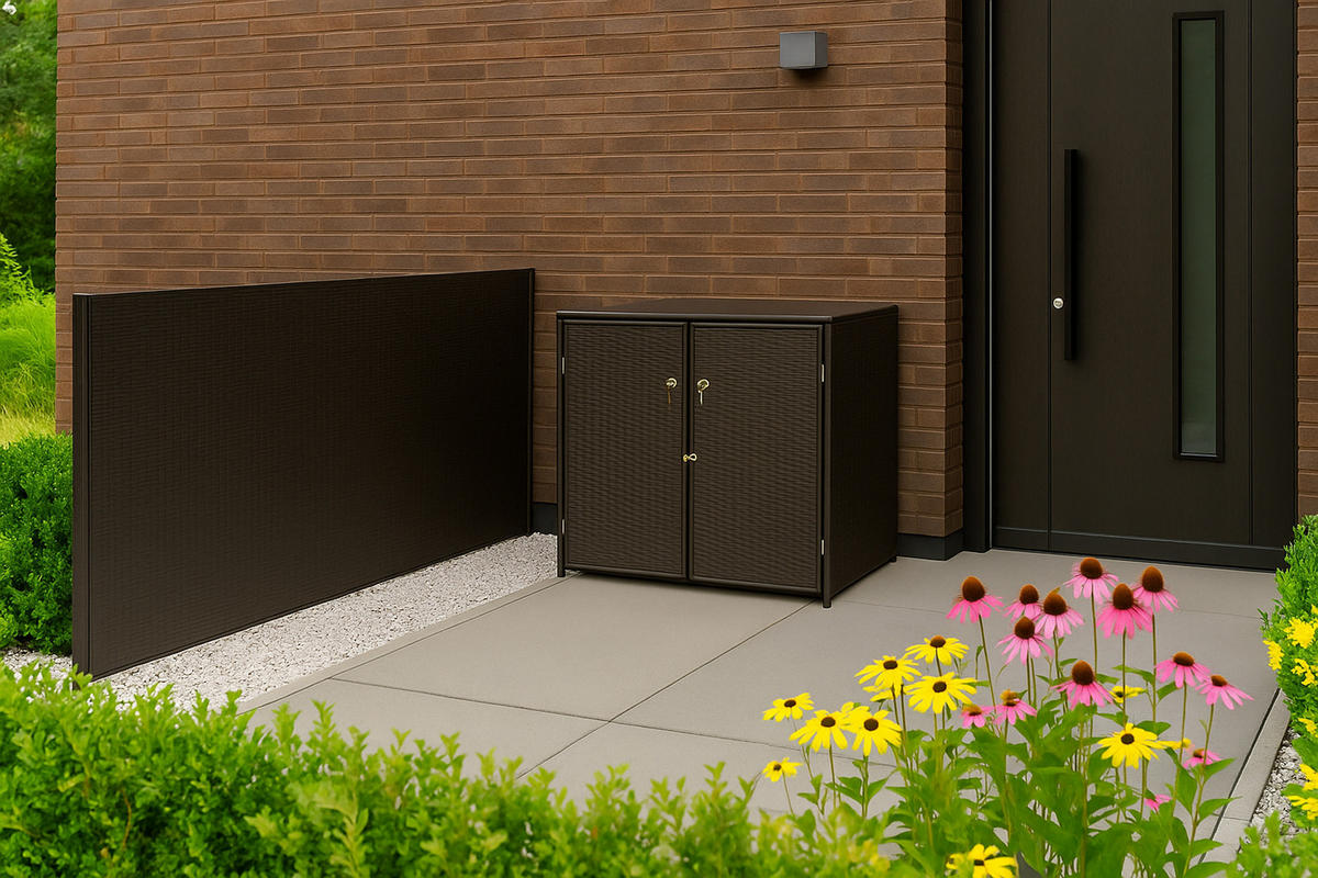 MÜLLTONNENBOX Belfast für 2 Tonnen bis 240L - Mülltonnenverkleidung aus Metall und Polyrattan mocca. BxTxH: 150x78x123 cm - Braun, Metall (150/123/78cm) - TPFGarden