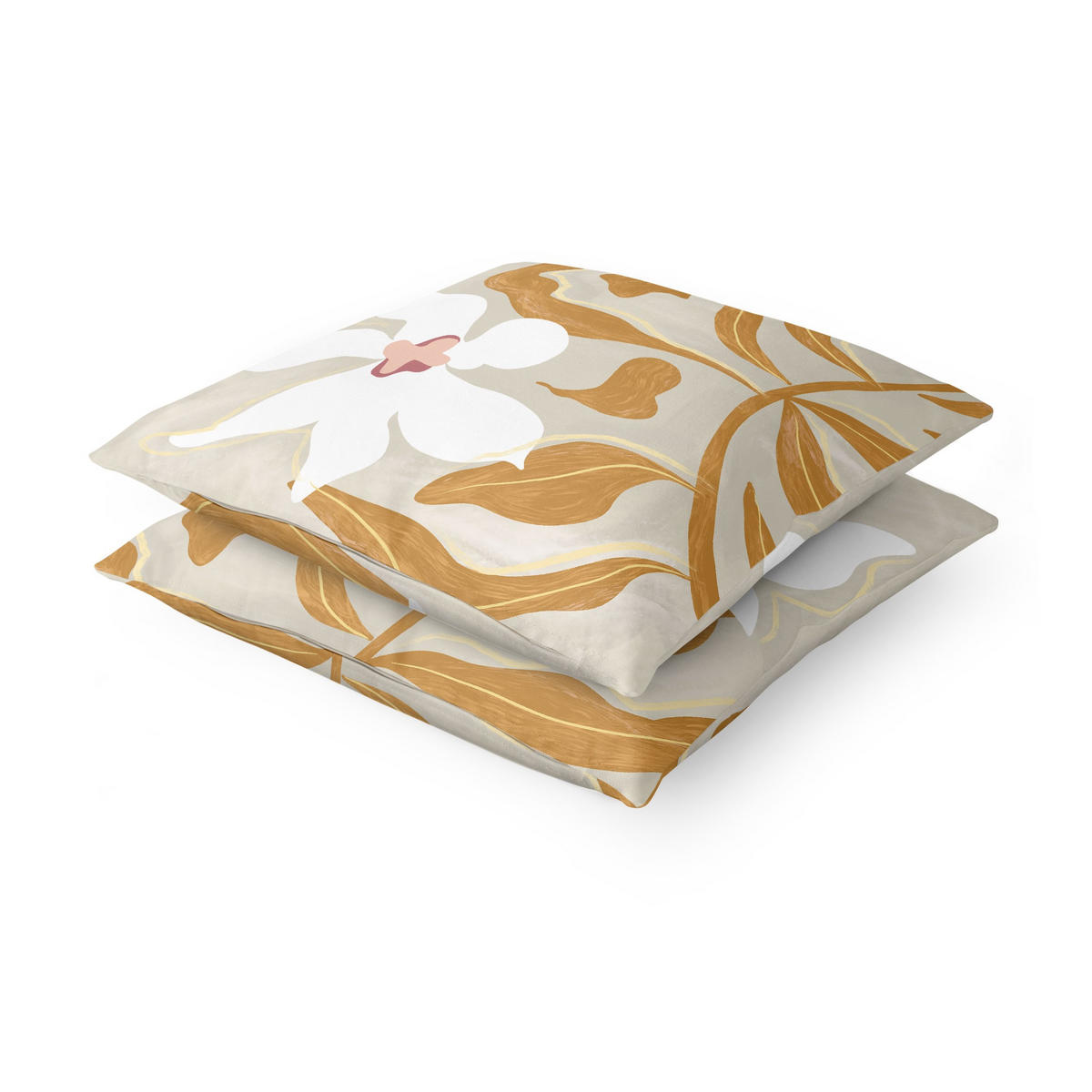 DEKOKISSEN 2er-Set Weiße Blüten mit gelben Blättern Duo 50/50 cm - Eichefarben, Textil (50/50cm) - Bilderwelten