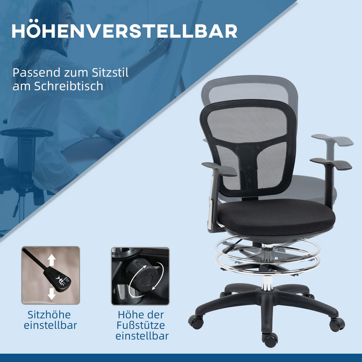 DREHSTUHL 59/95-115/59 cm Schwarz aus Polyester mit höhenverstellbarer Fußstütze - Schwarz, Kunststoff (59/115/59cm) - OKMYHOME