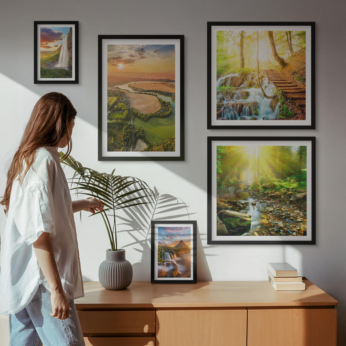 WANDBILDER 5er-Set - 50x50 cm & 20x30 cm & 40x60 cm Schwarzer Rahmen - Orange Mountain Wasserfall - Schwarz, Kunststoff (40/60cm) - ArtPrintCave