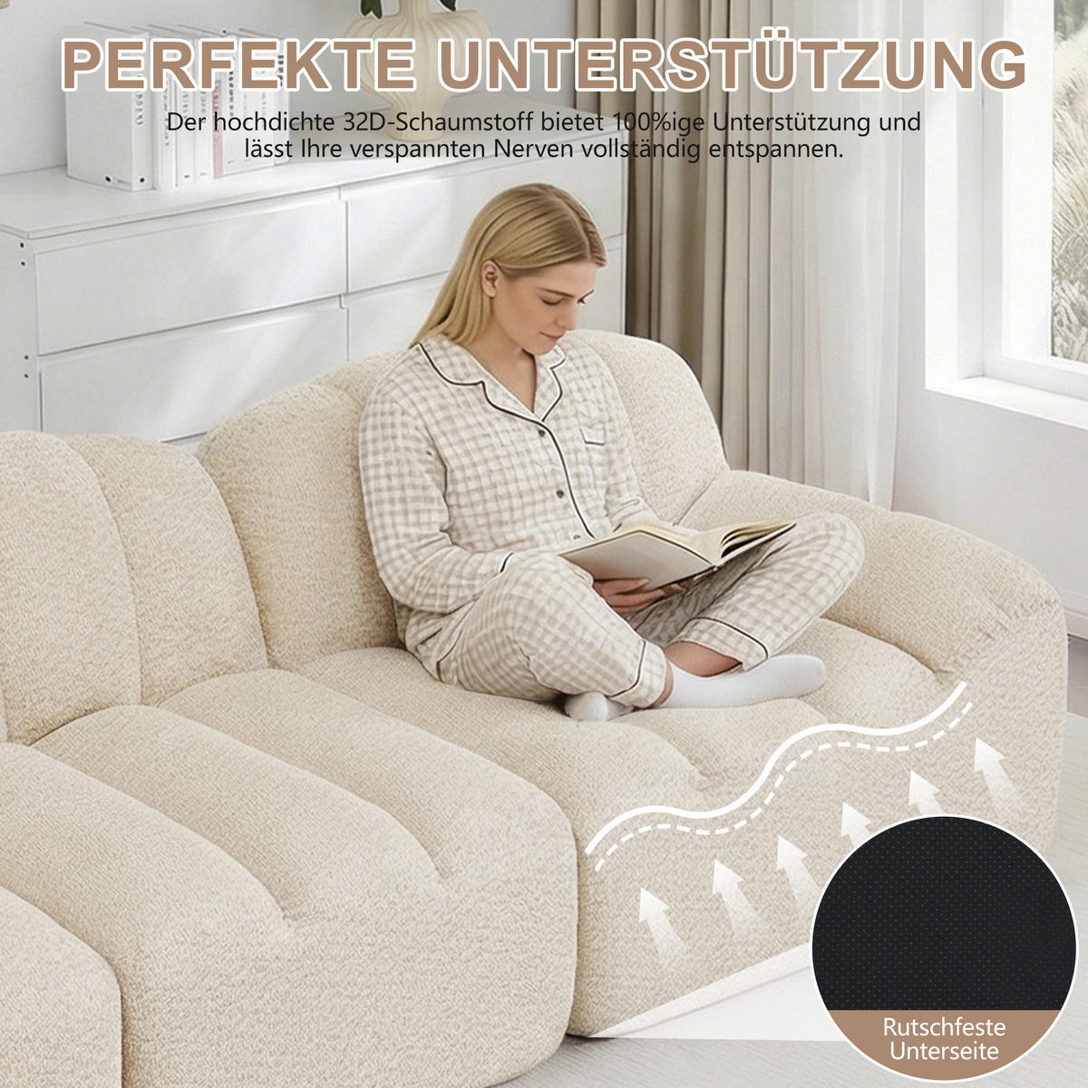 3-SITZER SOFA aus granuliertem Fleece, frameless Lounge-Design ohne Montage - Creme, Textil (288/79/104cm) - Urban Meuble