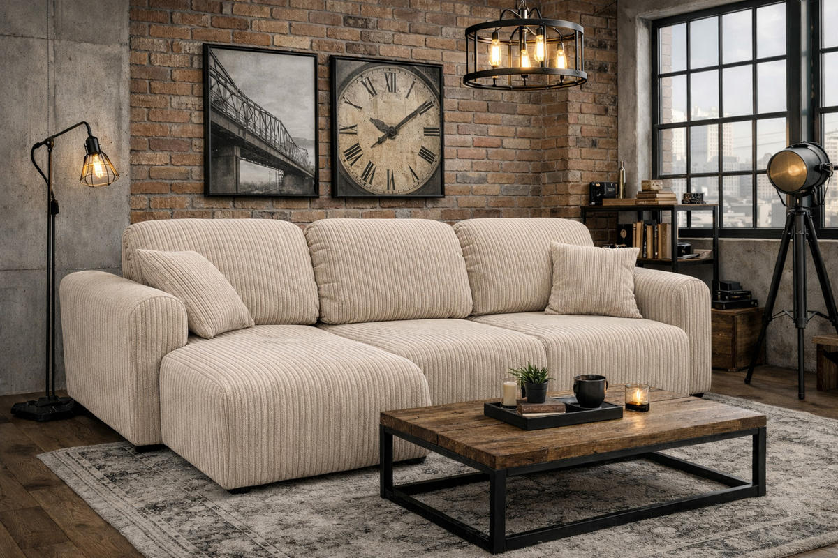 ECKSOFA Mit Schlaffunktion Und Bettkasten, Sofa L-Form Bingo L, Cordstoff Poso, Beige, Links - Beige, Holz (250/142cm) - Kaiser Möbel