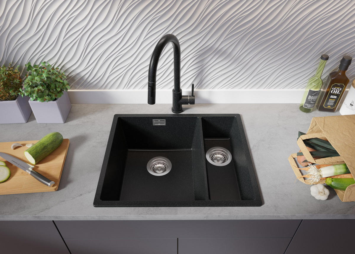 SPÜLBECKEN London Slim Duo, 2-er set Anthrazit 56/47 cm 1,5 Becken + Ablauf-Set ab 60er Unterschrank - Chromfarben/Anthrazit, Kunststoff (56/20/47cm) - Primagran