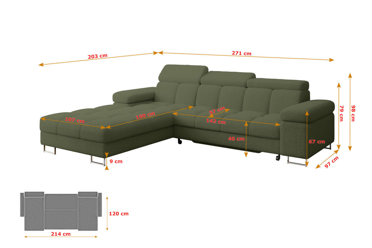ECKSOFA mit Schlaffunktion Ottomane Links COMA L 271x203x79 Grün Bouclé - Smaragdgrün, Holzwerkstoff/Textil (271/203cm) - ALTDECOR