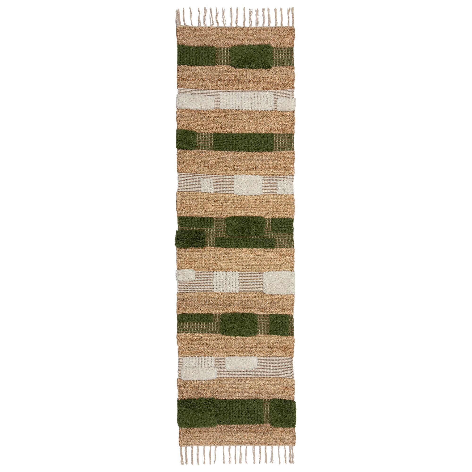 TEPPICH Hoch-Tief Struktur Gestreift, Patchwork-Optik, mit Fransen wendbar, Esszimmer schmutzabweisend Natur-Grün Läufer 60x230 - Grün, Textil (230/60cm) - KADIMA DESIGN