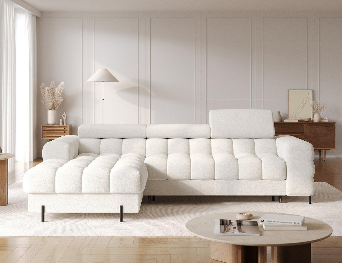 ECKSOFA FELRO mit Schlaffunktion, Bettkasten & verstellbaren Kopfstützen – Modernes Premium-Ecksofa in L-Form - Weiß, Kunststoff (285/181cm) - Wohnideebilder