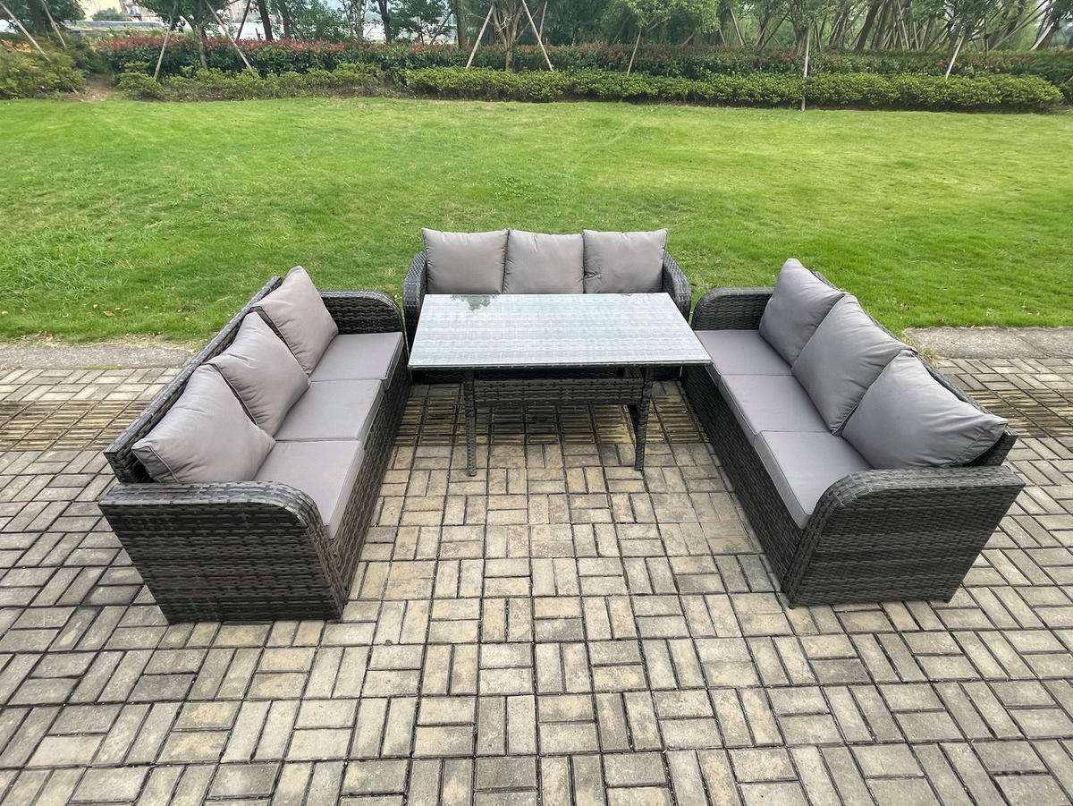 GARTENTISCHGRUPPE mit Beistelltisch,2 Hocker Polyrattan Dunkelgrau 9-Sitzer - Dunkelgrau/Grau, Glas/Kunststoff - Fimous