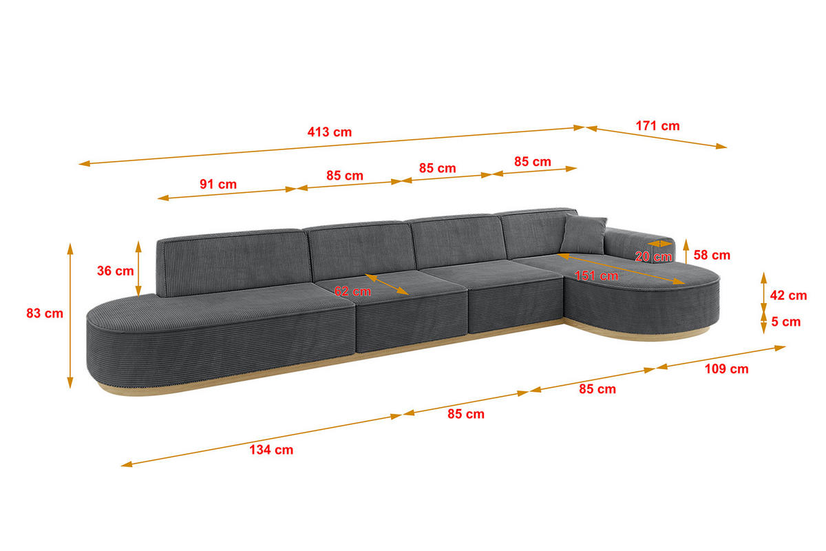 ECKSOFA Ottomane Rechts MARI-L3-v2 - 413x171x83 cm Dunkelgrau Cord - Dunkelgrau, Holzwerkstoff/Textil (171/413cm) - ALTDECOR