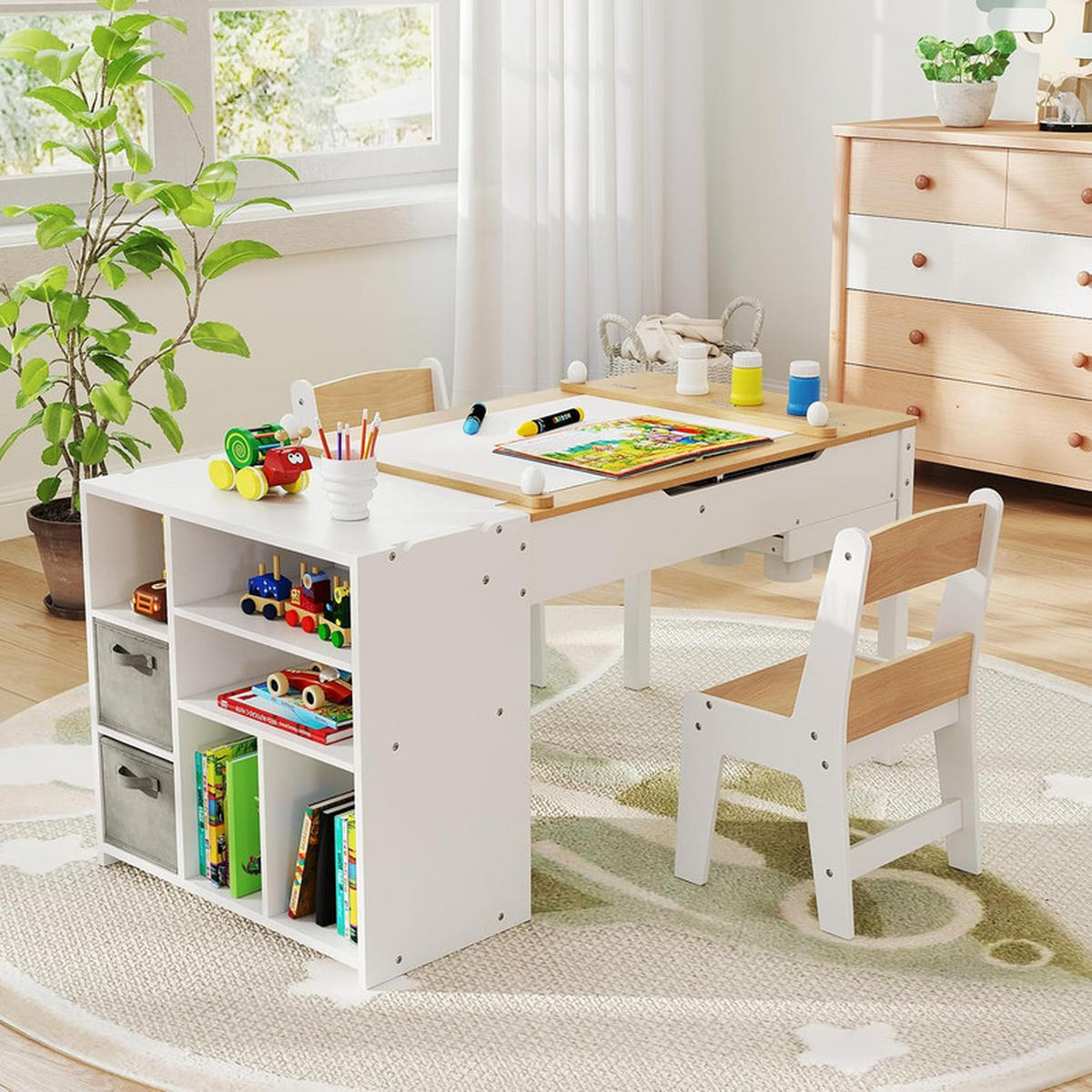 KINDERTISCHE mit Stühlen natur(3-tlg) - Naturfarben, Holzwerkstoff (120/75/60cm) - COSTWAY
