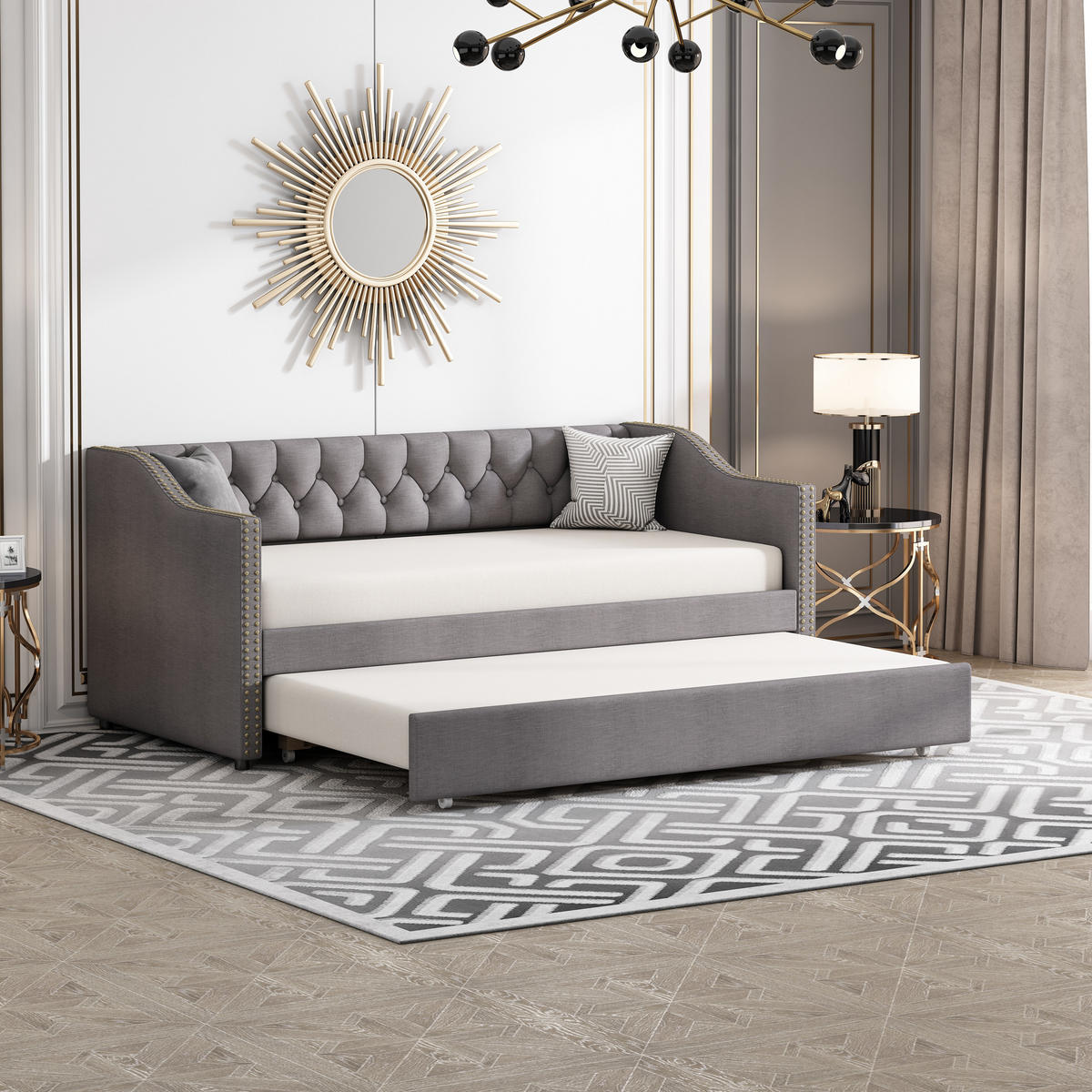 POLSTERBETT 90x200 cm, Grau, Tagesbett, Schlafsofa, mit 2 Schubladen - Grau, Textil/Metall (90/200cm)