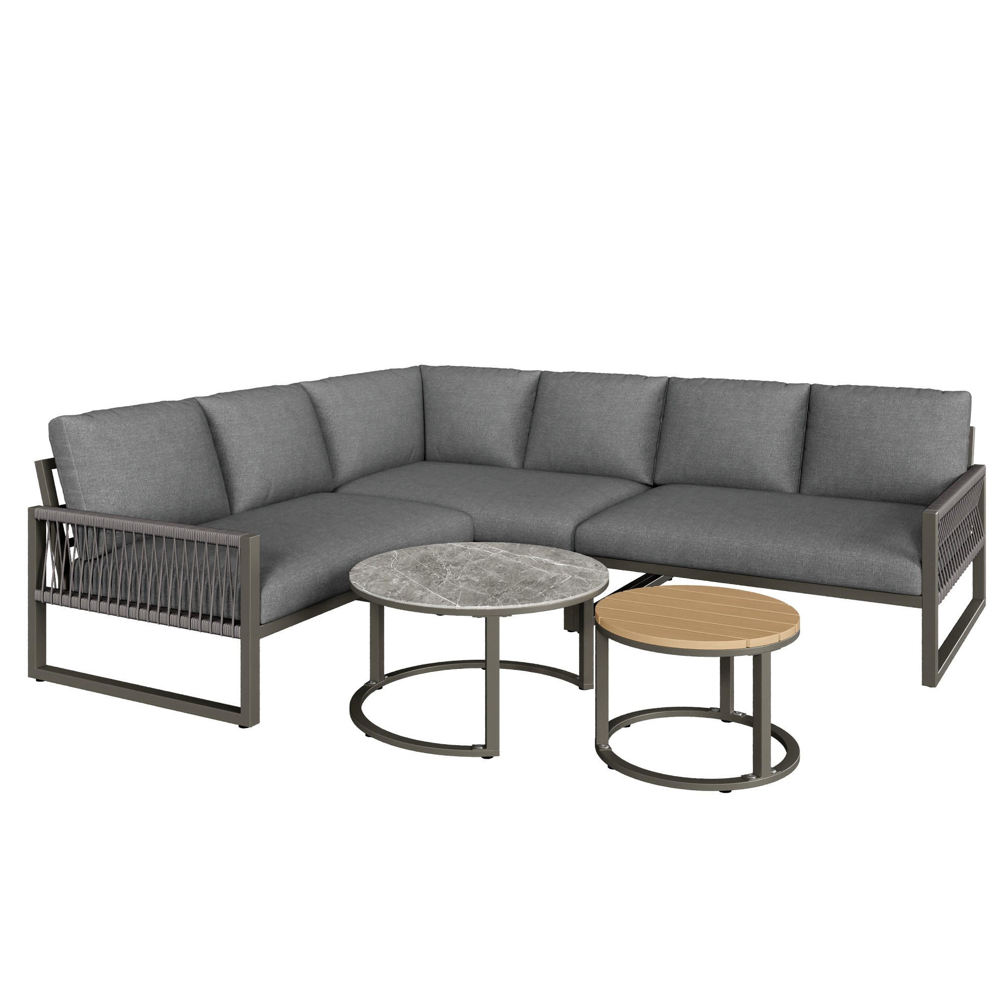 Modfu ZAHRADNÍ lounge set z kovu 123x68x86 cm šedý s dvěma stoly, nastavitelnými nohami a polštáři