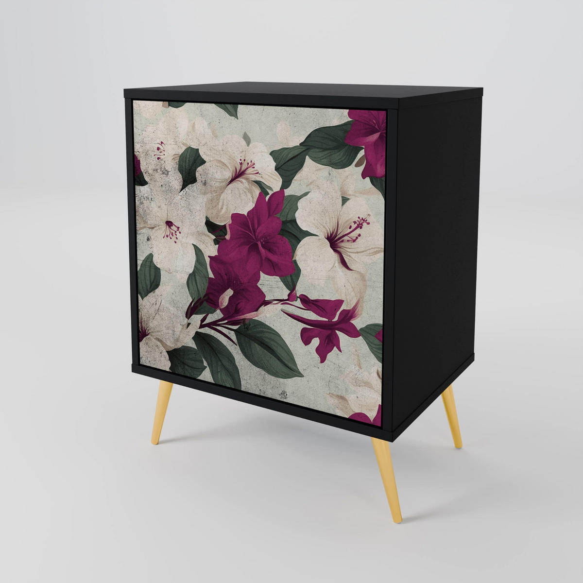 SIDEBOARD FLOWERET DREAM, Schwarz, 57,5x42x70,5 cm, Schwarze Metall-Sternfüße - Multicolor/Schwarz, Holzwerkstoff/Metall (57.5/70.5/42cm) - SpaceRebels