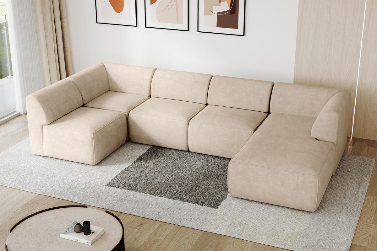 WOHNLANDSCHAFT Ottomane Rechts MOVA 345x180x78 Beige Samt - Beige/Schwarz, Holzwerkstoff/Kunststoff (345/78/180cm) - ALTDECOR