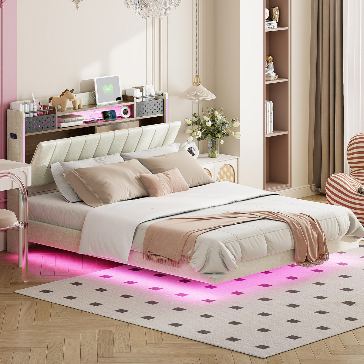 POLSTERBETT 140/200 cm Beige mit LED-Beleuchtung und USB-Anschluss - Beige, Textil (140/200cm) - Flora Grace