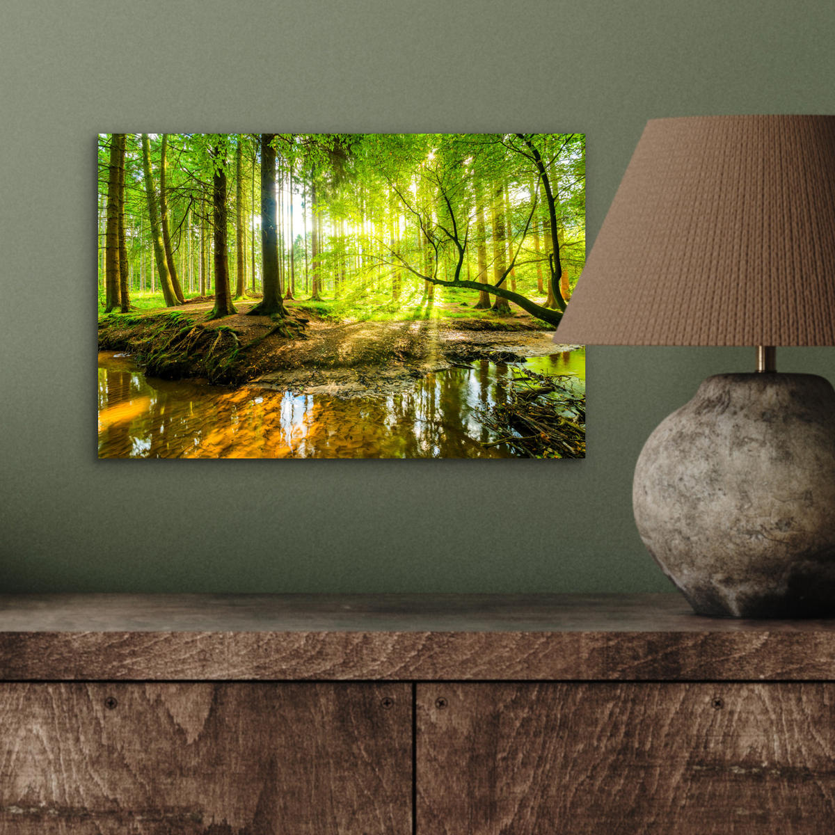 METALLBILD Wald - Landschaft - Wasser - Bäume - Sonne - Grün - Natur 30x20 cm - Grün, Metall (30/20cm) - MuchoWow
