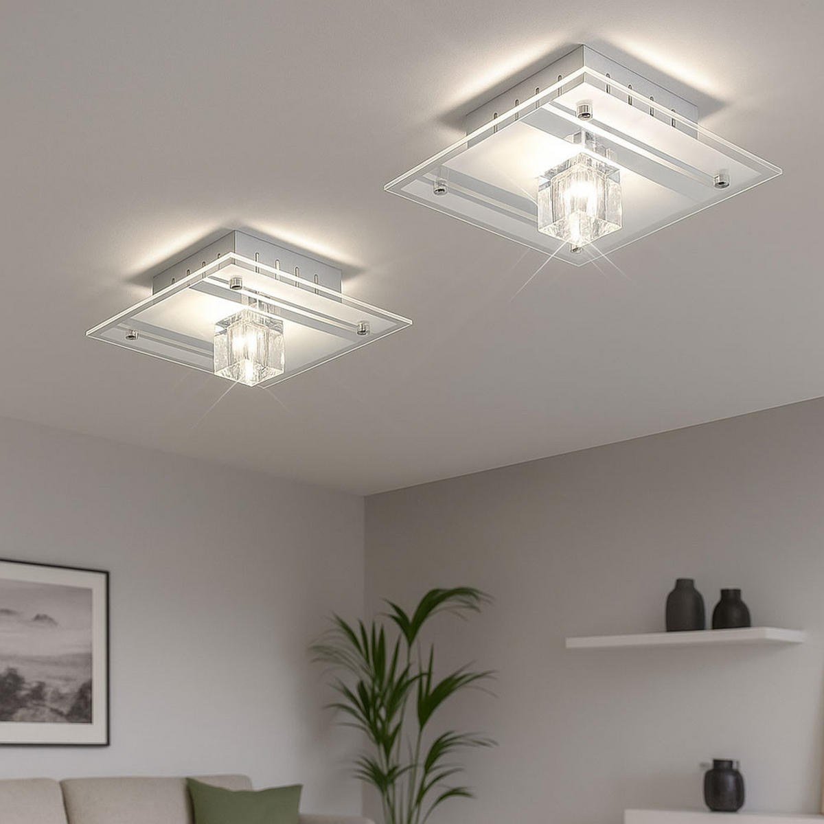 DECKENLEUCHTE Metall Silber kristall 2er Set - Silberfarben, Glas (18/18/8cm)