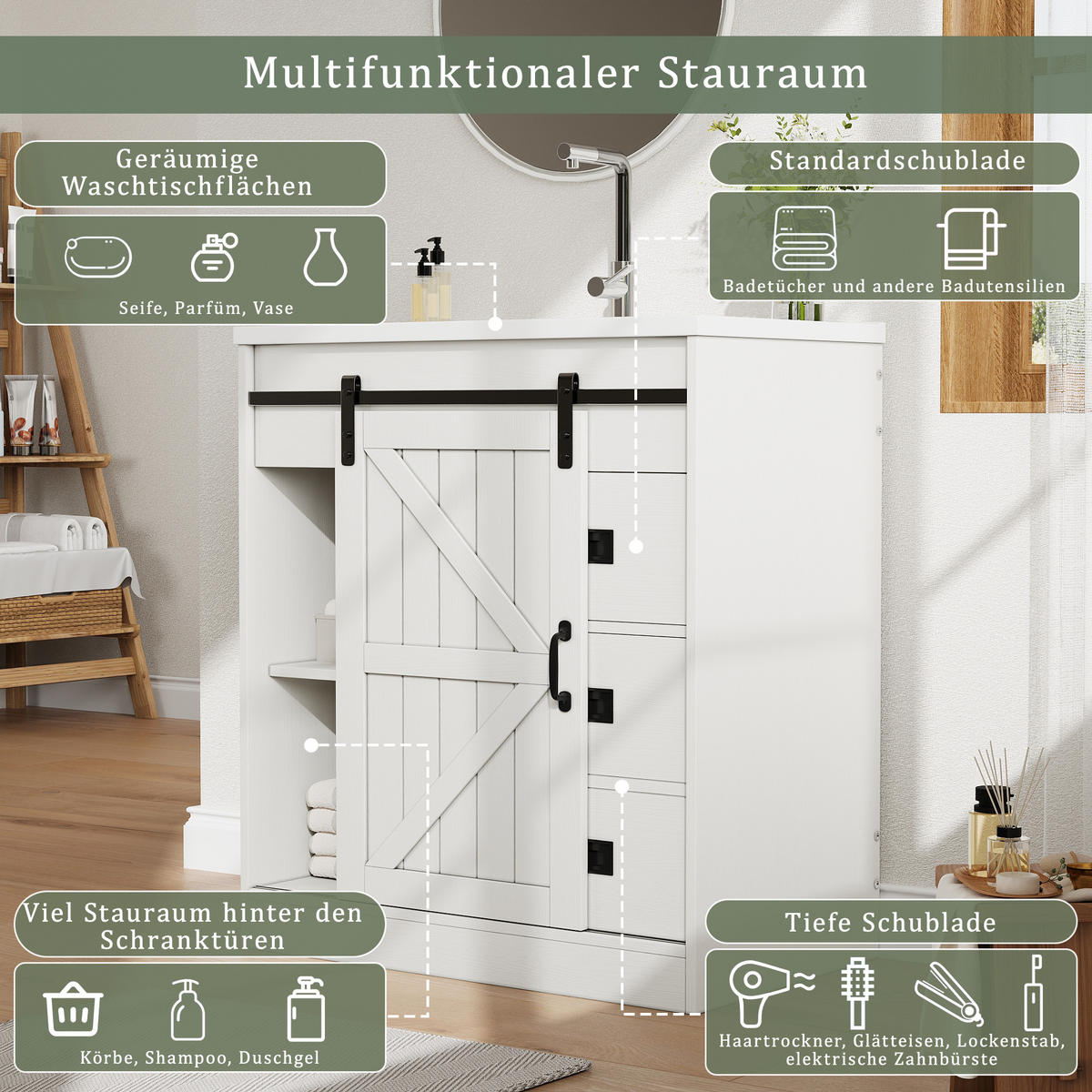 WASCHBECKENUNTERSCHRANK Keramikwaschbecken Weiß Schubladen - Weiß, Holzwerkstoff (76/87.5/46.5cm) - FLIEKS