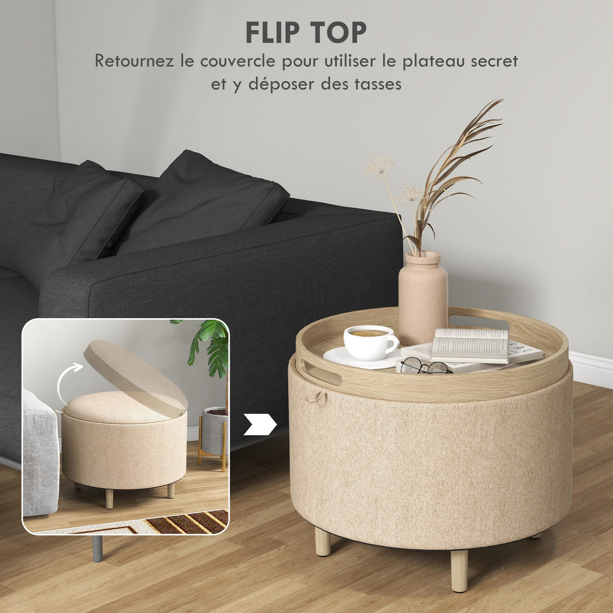 POUF DE-16380 3-in-1 mit reversiblem Deckel und Holzbeinen Beige - Beige, Textil (56/42/56cm) - ComfortXL
