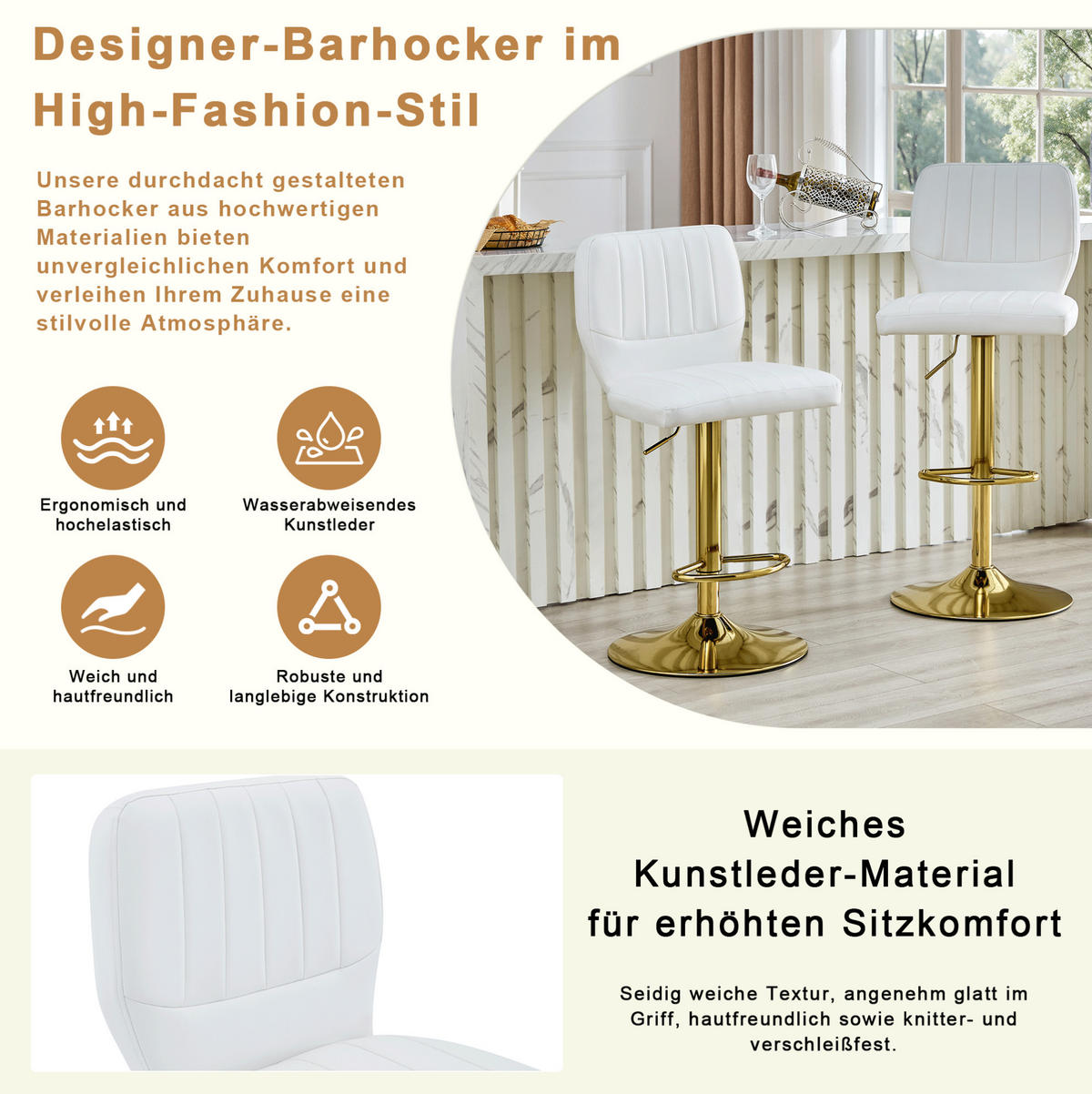 BARHOCKER höhenverstellbar 62-83 cm Weiß-Gold - Weiß, Metall (45/114/52cm) - Meubliv