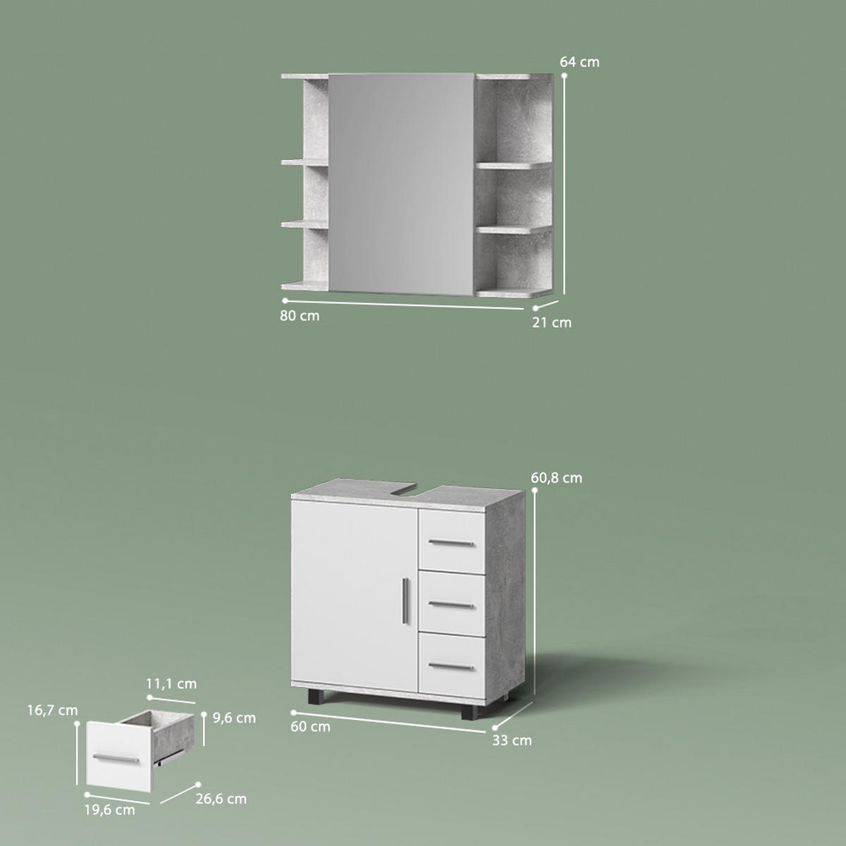 BADMÖBEL-SET Eisak Beton 2 Teile - Weiß/Grau, Holzwerkstoff (60/60/33cm) - Livinity®