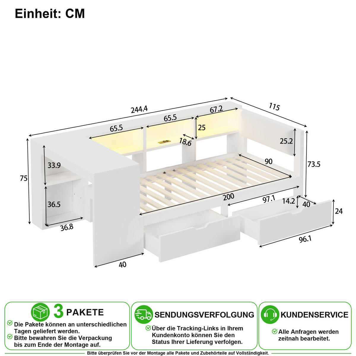 BETT 90/200 cm in Weiß mit 2 Schubladen, LED und USB - Weiß, Holz/Holzwerkstoff (90/200cm) - CHICFURN