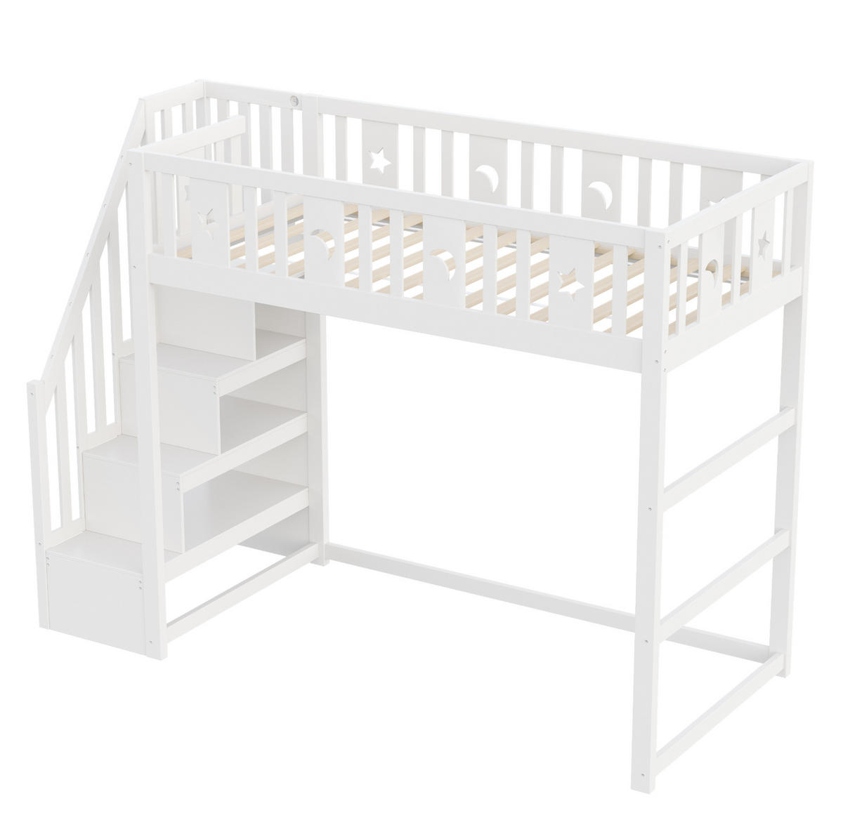 HOCHBETT 140/200 cm in Weiß aus Massivholz – mit Treppe, Regal und Rausfallschutz - Weiß, Holz (140/200cm) - BEAOK