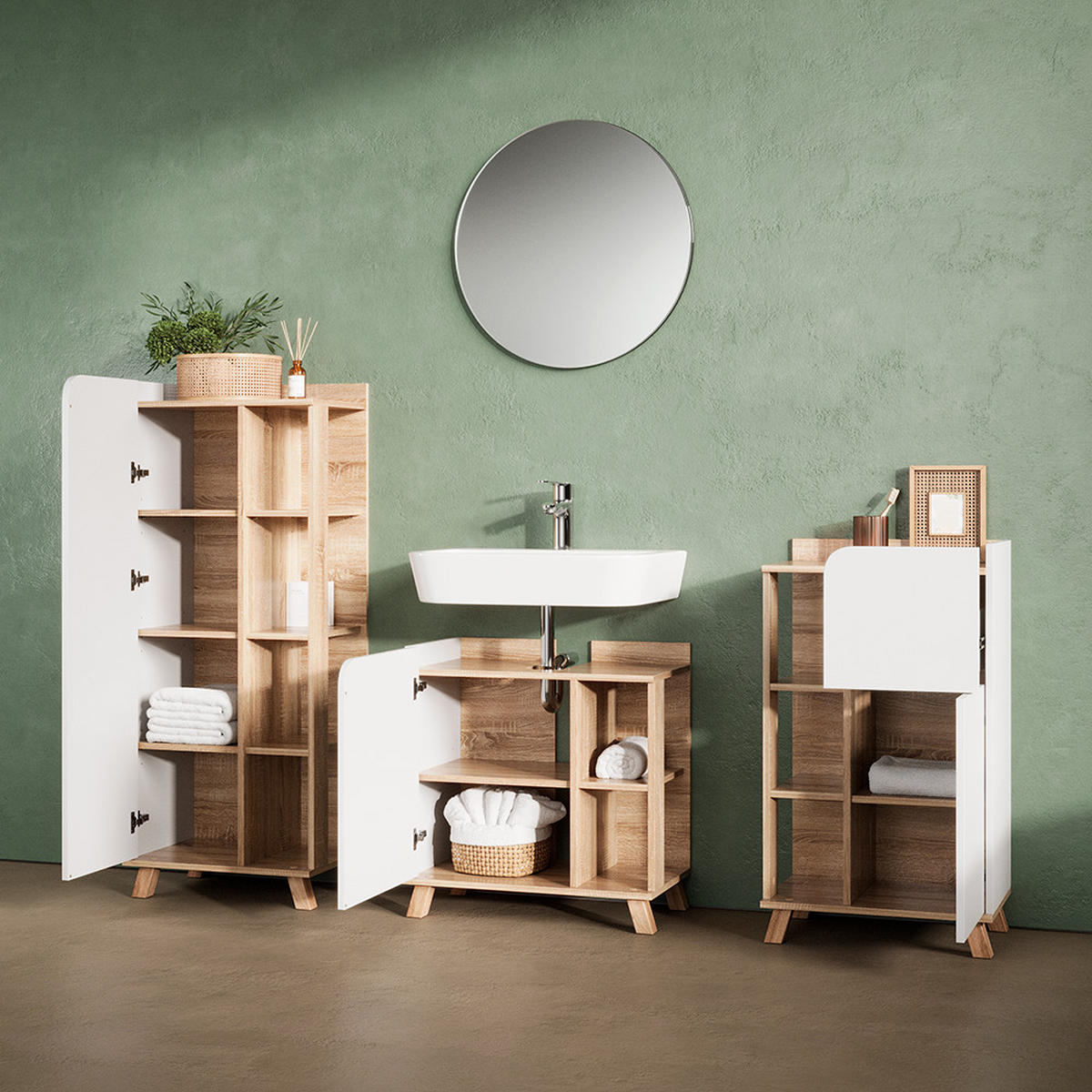 BADMÖBEL-SET Marano Sonoma/Weiß 4 Teile - Weiß/Sonoma Eiche, Holzwerkstoff (60/65/35cm) - Livinity®
