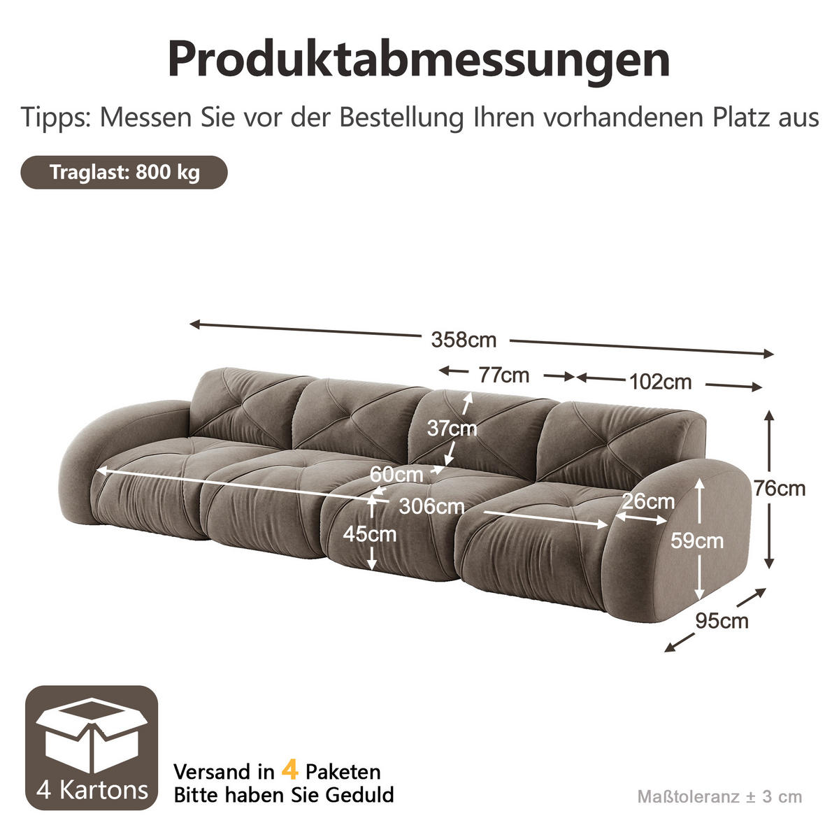 4-SITZER-SOFA DE-34276 modular Braun - Taupe, Textil (95/76/358cm) - ComfortXL