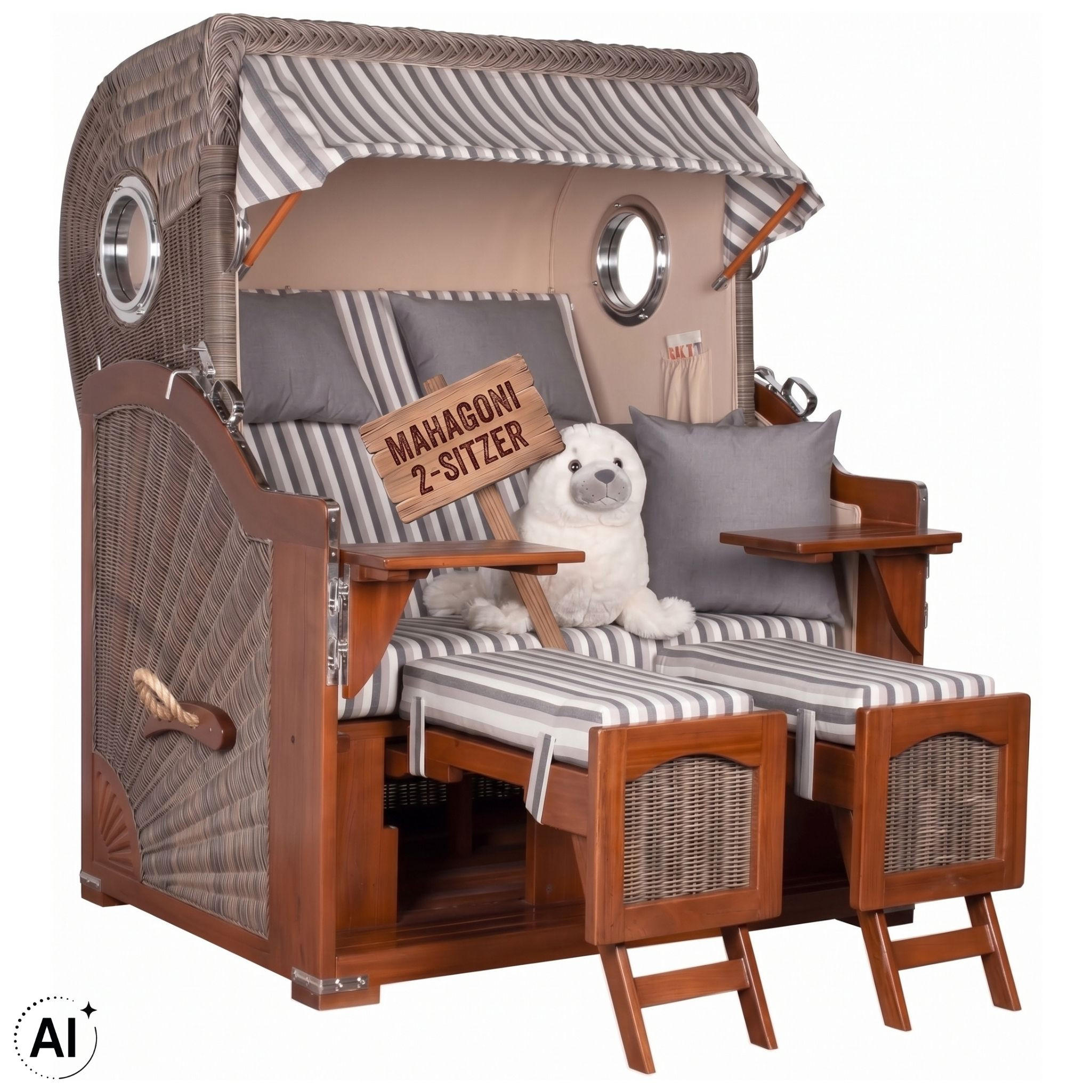 STRANDKORB 2-Sitzer Düne Mahagoni 545 - Hellgrau/Braun, Holz (125/170/80cm) - Mr. Deko